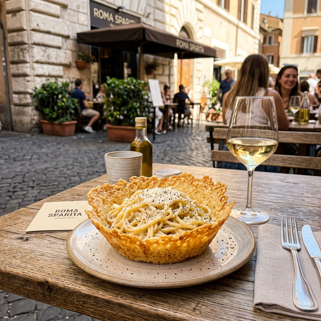 Roma Sparita: El sabor de la Cacio e Pepe en copa de parmesano crujiente